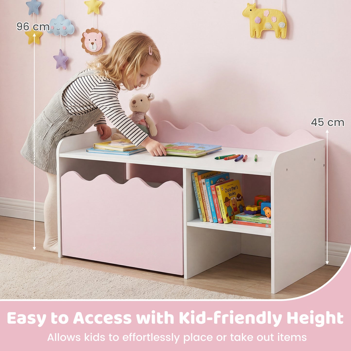 Costway Kindertafel van Hout Activiteitstafel met Brede Tafelblad & Rek Kinderbank op Wielen Rollende Opbergdoos Roze