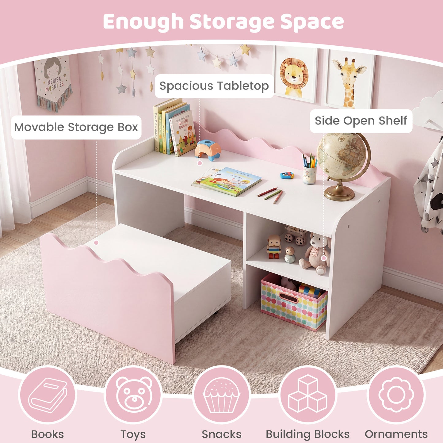 Costway Kindertafel van Hout Activiteitstafel met Brede Tafelblad & Rek Kinderbank op Wielen Rollende Opbergdoos Roze