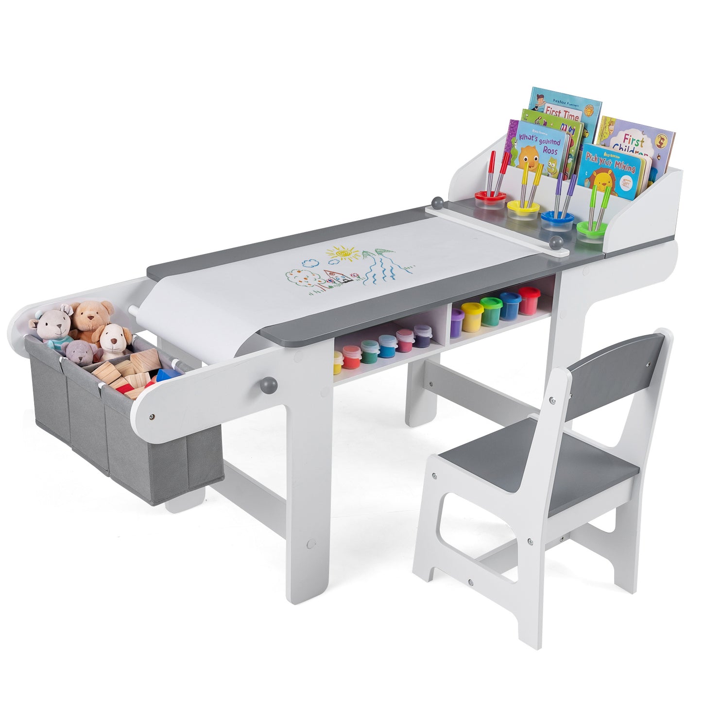 Costway Kindertisch met Stoel Activiteitstafel voor Kinderen met Papierrol Houten Schilderstafel Kinderzitgroep