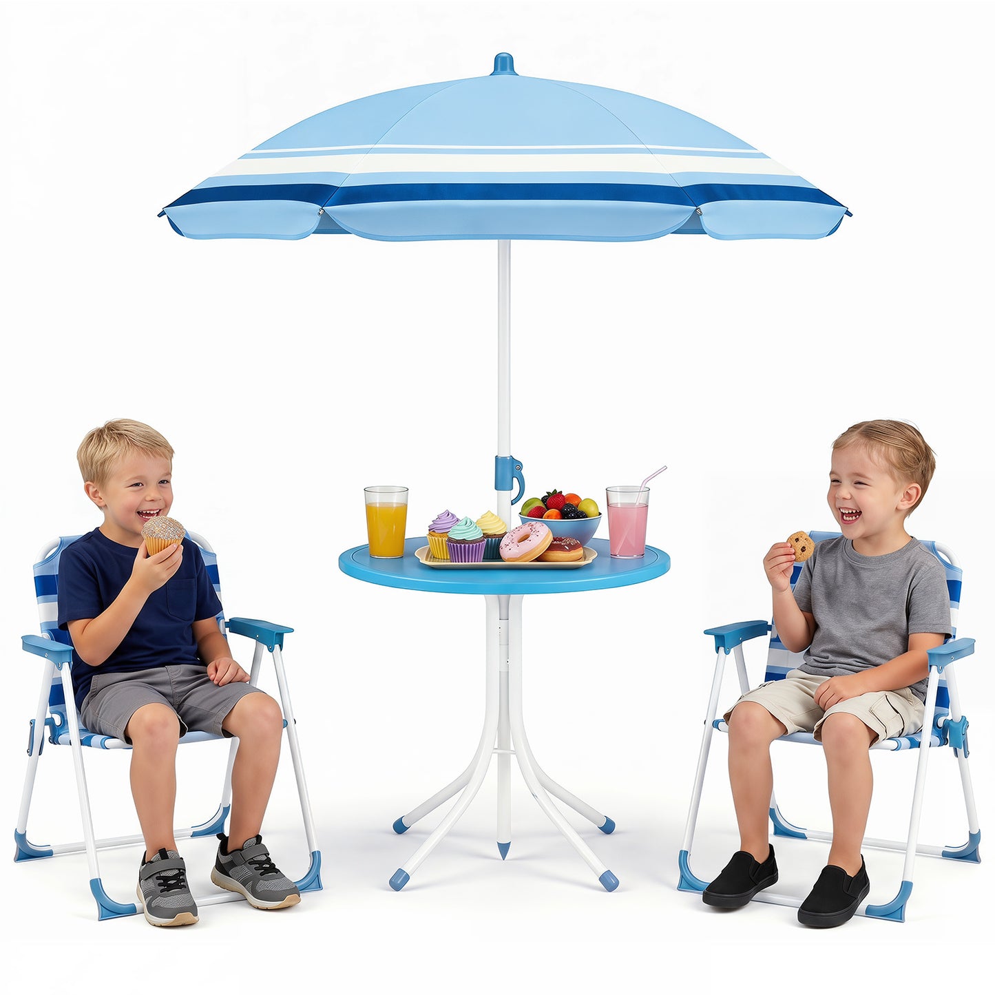 Costway Kinderzitgroep met in Hoogte Verstelbare Parasol 4-delig Kinderzitgroep met Tafel en 2 Klapstoelen Blauw
