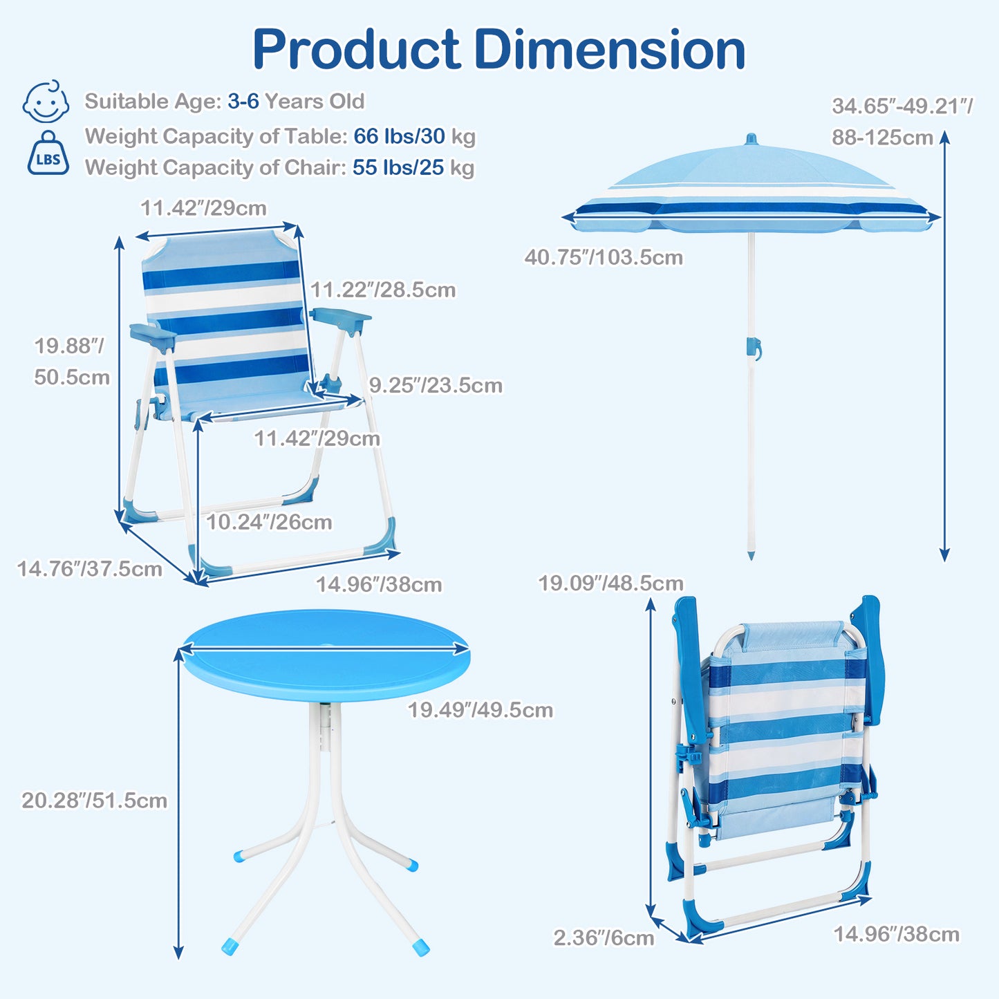 Costway Kinderzitgroep met in Hoogte Verstelbare Parasol 4-delig Kinderzitgroep met Tafel en 2 Klapstoelen Blauw
