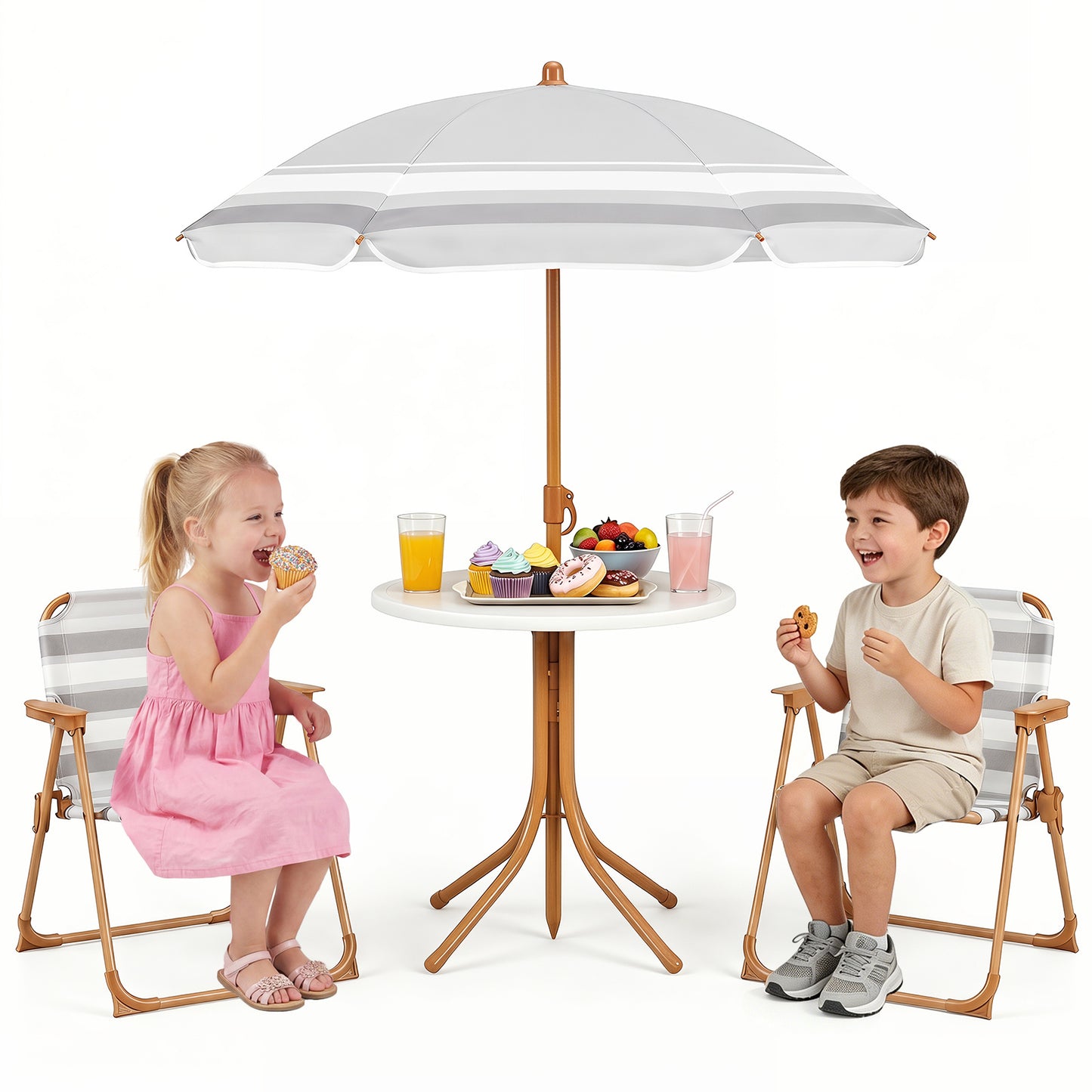 Costway Kinderzitgroep met in Hoogte Verstelbare Parasol 4-delig Kinderzitgroep met Tafel en 2 Klapstoelen Naturel