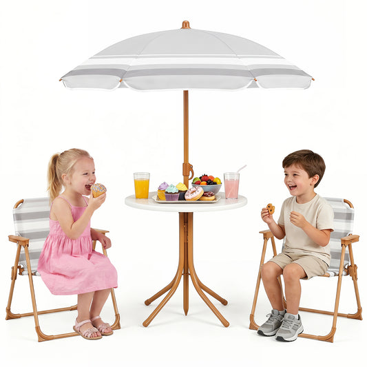 Costway Kinderzitgroep met in Hoogte Verstelbare Parasol 4-delig Kinderzitgroep met Tafel en 2 Klapstoelen Naturel