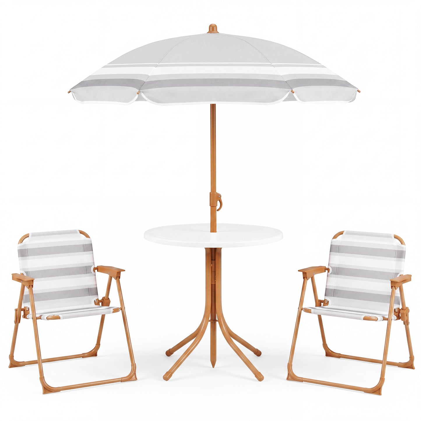 Costway Kinderzitgroep met in Hoogte Verstelbare Parasol 4-delig Kinderzitgroep met Tafel en 2 Klapstoelen Naturel