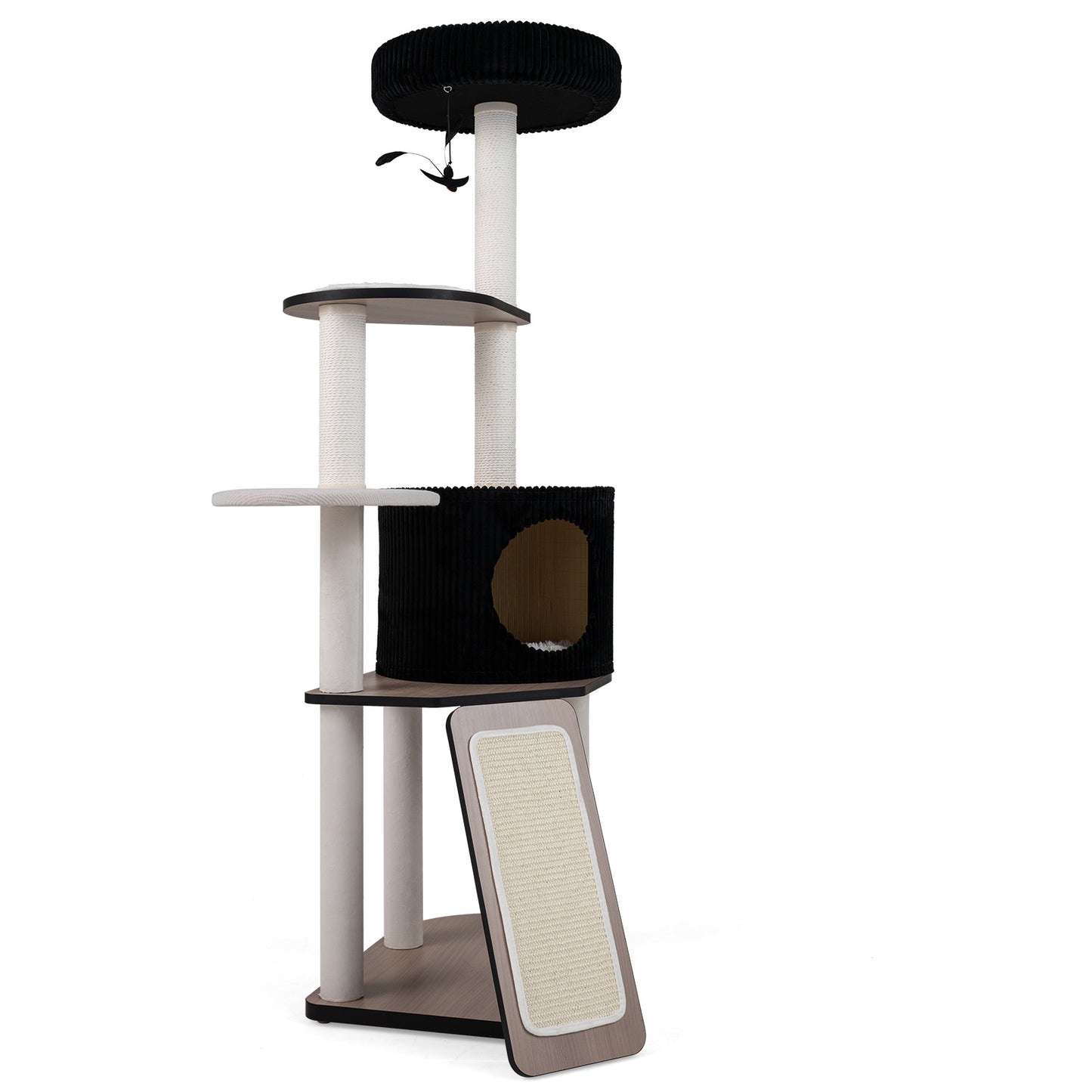 Costway Krabpaal 155 cm Hoog Kattenboom met Hol en 3 Platforms Zwart + Wit