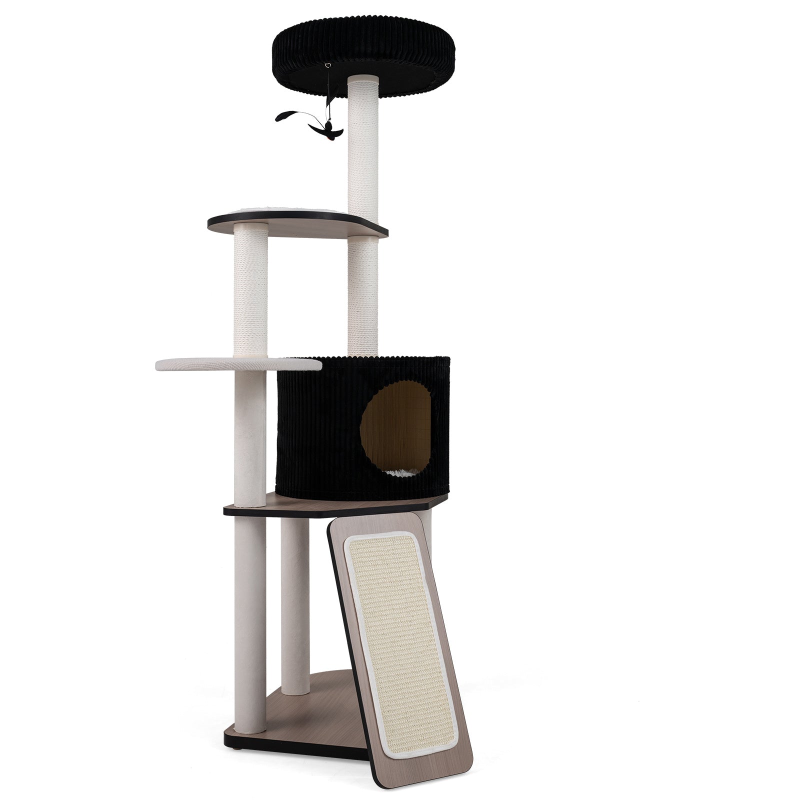 Costway Krabpaal 155 cm Hoog Kattenboom met Hol en 3 Platforms Zwart + Wit