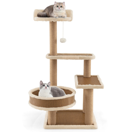 Costway Krabpaal op 4 Niveaus voor Katten met Rotanmat Hangend Speelgoedbal Grote Nis 3 Platform Zitstokken 40 x 40 x 90 cm