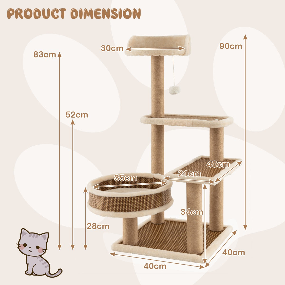 Costway Krabpaal op 4 Niveaus voor Katten met Rotanmat Hangend Speelgoedbal Grote Nis 3 Platform Zitstokken 40 x 40 x 90 cm