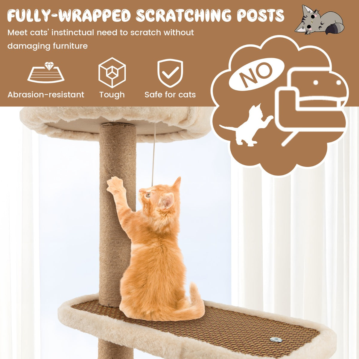 Costway Krabpaal op 4 Niveaus voor Katten met Rotanmat Hangend Speelgoedbal Grote Nis 3 Platform Zitstokken 40 x 40 x 90 cm