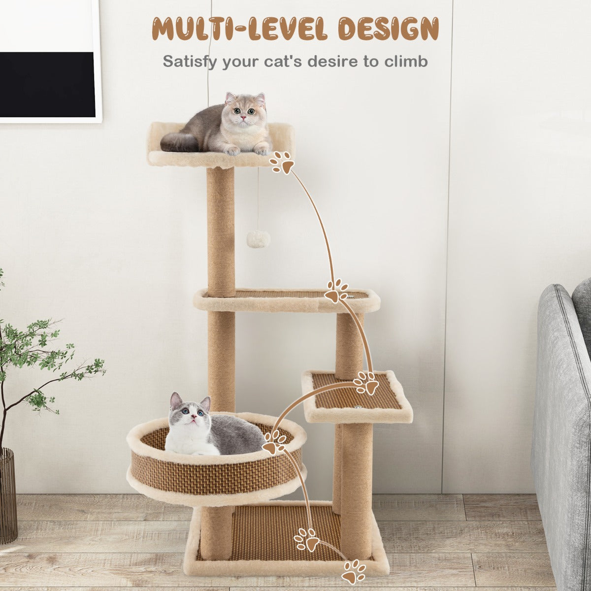 Costway Krabpaal op 4 Niveaus voor Katten met Rotanmat Hangend Speelgoedbal Grote Nis 3 Platform Zitstokken 40 x 40 x 90 cm