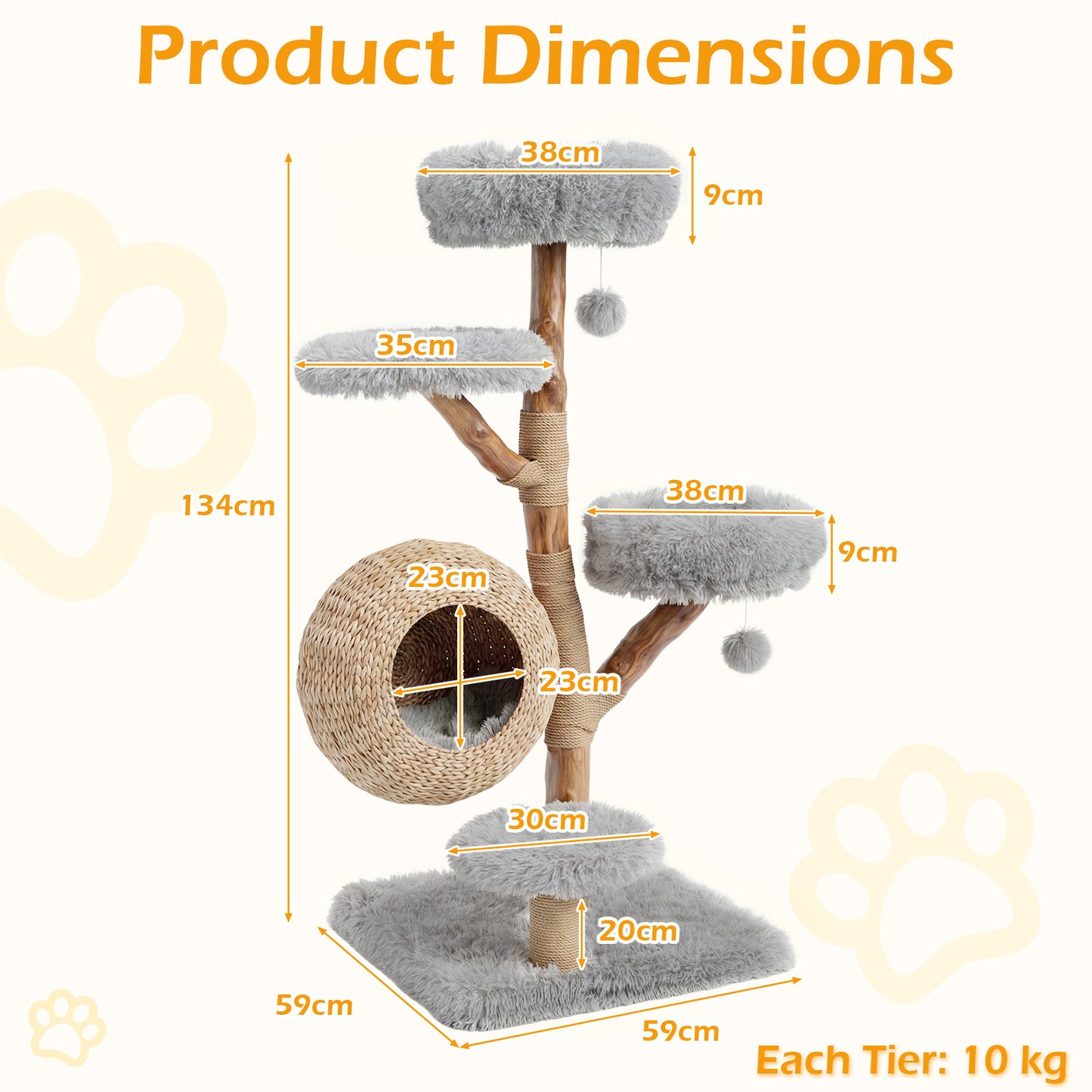 Costway Kratboom 134 cm Hoog 5 Verdiepingen Kattenboom met Hol en Krabpalen van Jute Klimboom met Hangbal en Gevoerde Platforms met Pluche Bekleding Kattenkrabpaal voor Katten