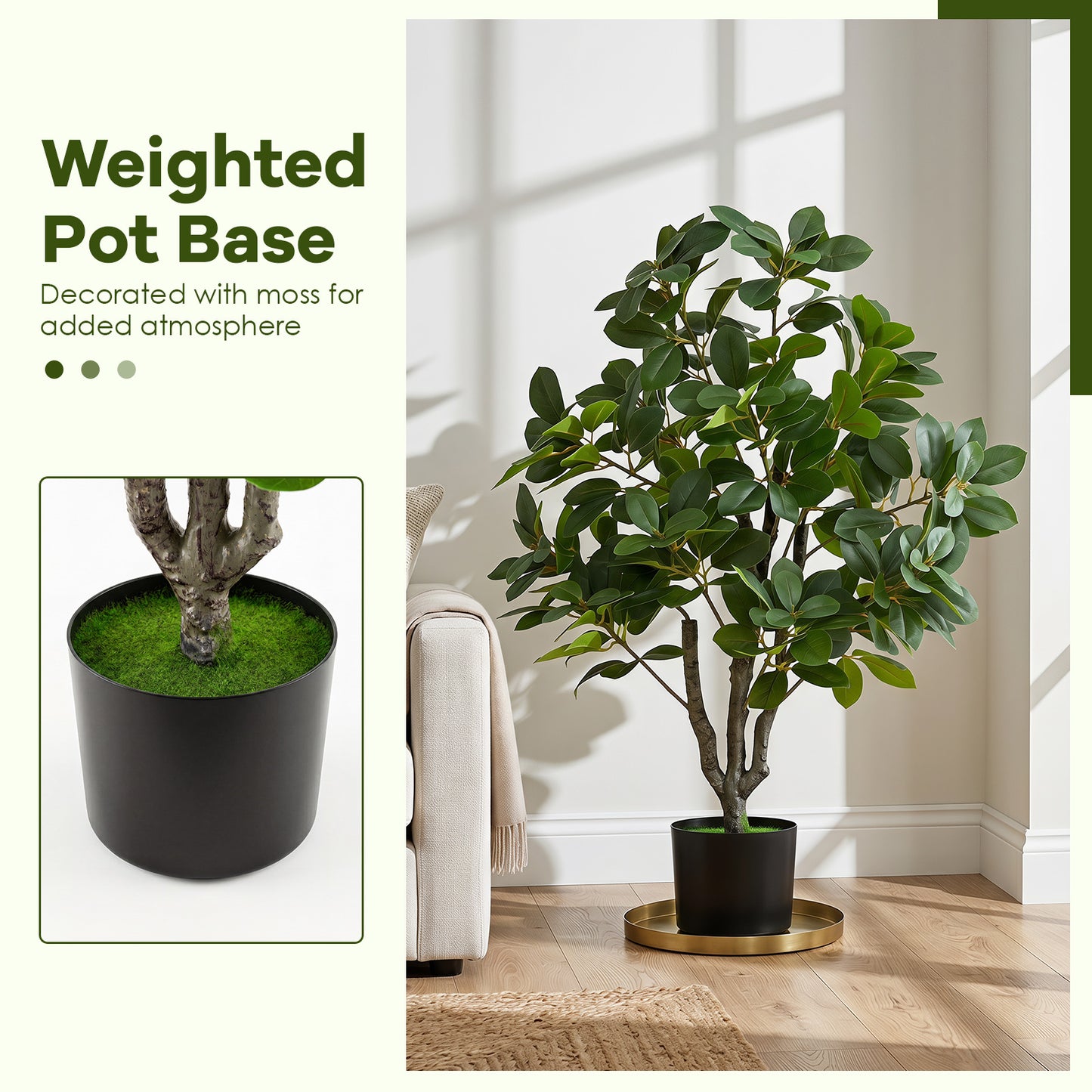Costway Kunstboom Realistische Kunstplant met 14 Weelderige Takken Stevige Cementpot Kunstmatige Kamerplant Zoals Echt in Pot Decoratieplant voor Woonkamer Kantoor Entreegebied