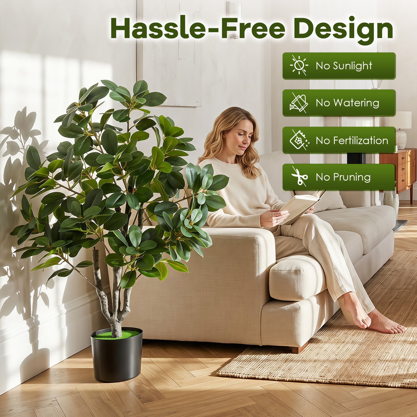 Costway Kunstboom Realistische Kunstplant met 14 Weelderige Takken Stevige Cementpot Kunstmatige Kamerplant Zoals Echt in Pot Decoratieplant voor Woonkamer Kantoor Entreegebied