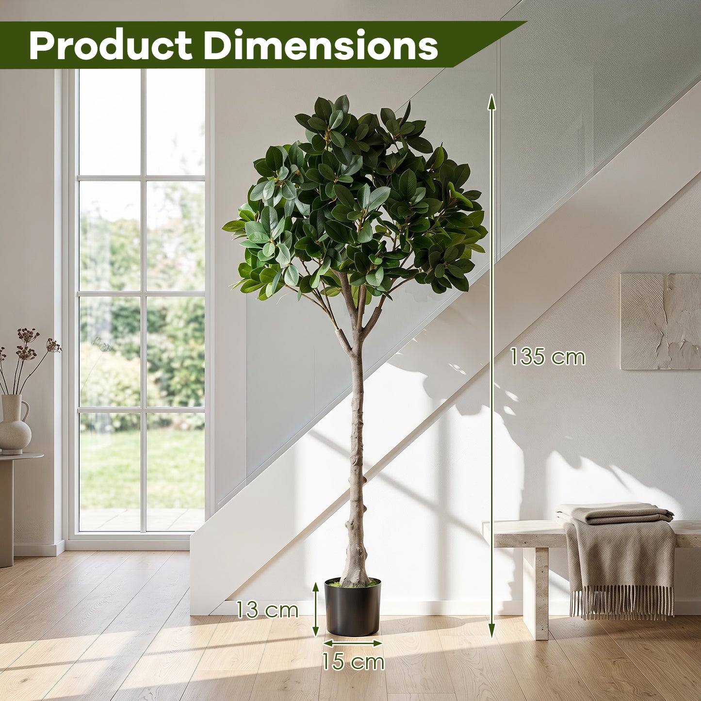 Costway Kunstboom Realistische Kunstplant met 25 Weelderige Takken Stevige Cementpot Kunstmatige kamerplant Als Echt in Pot Decoratieplant voor Woonkamer Kantoor Entreegebied