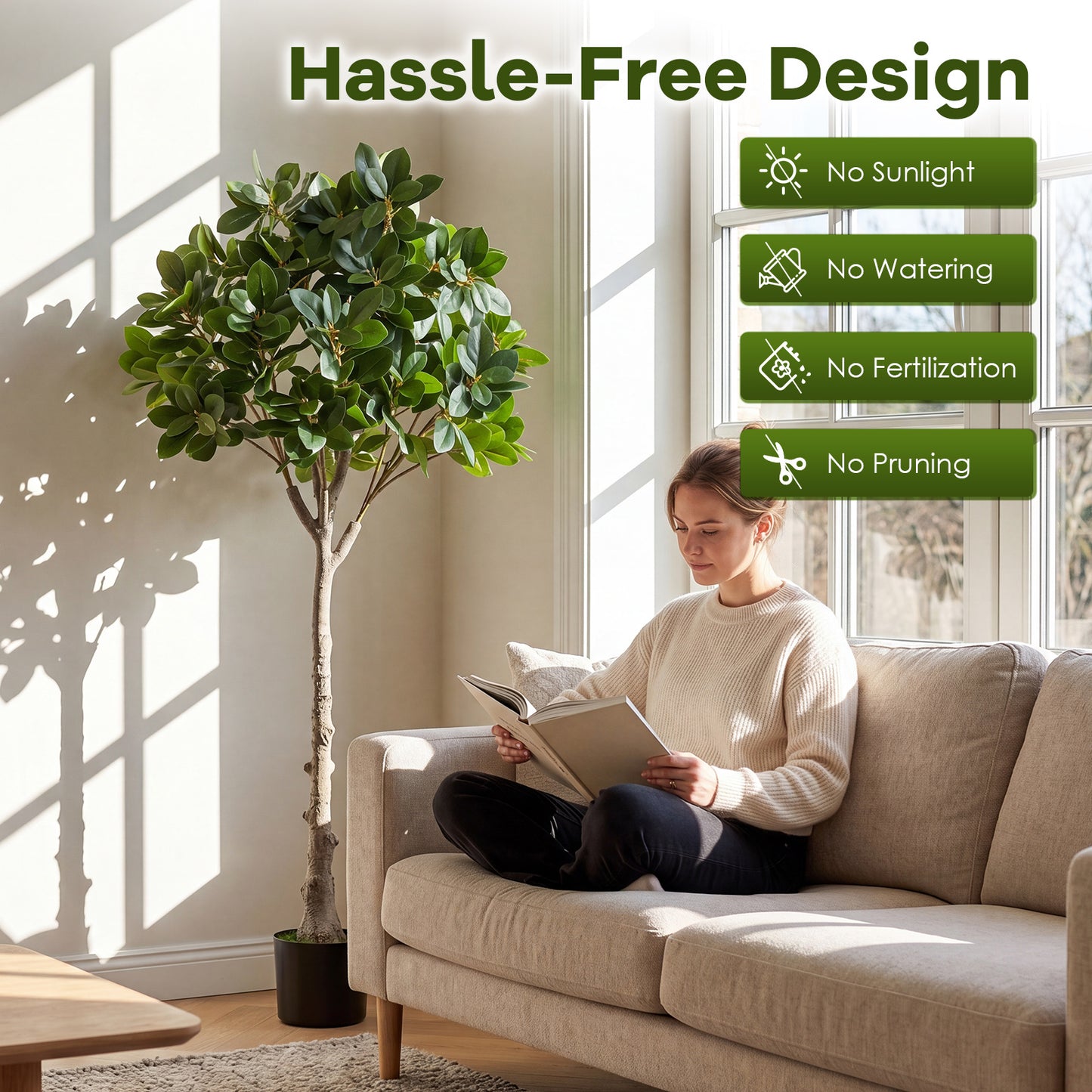 Costway Kunstboom Realistische Kunstplant met 25 Weelderige Takken Stevige Cementpot Kunstmatige kamerplant Als Echt in Pot Decoratieplant voor Woonkamer Kantoor Entreegebied