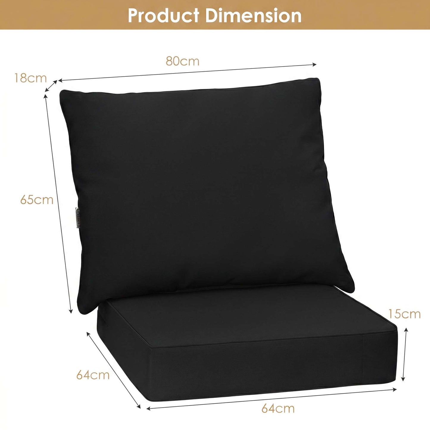 Costway Kussens voor Tuinmeubelen Zitkussen 64 x 64 x 15 cm + Rugleuning 80 x 65 x 18 cm Kussens voor Tuinstoelen Zwart