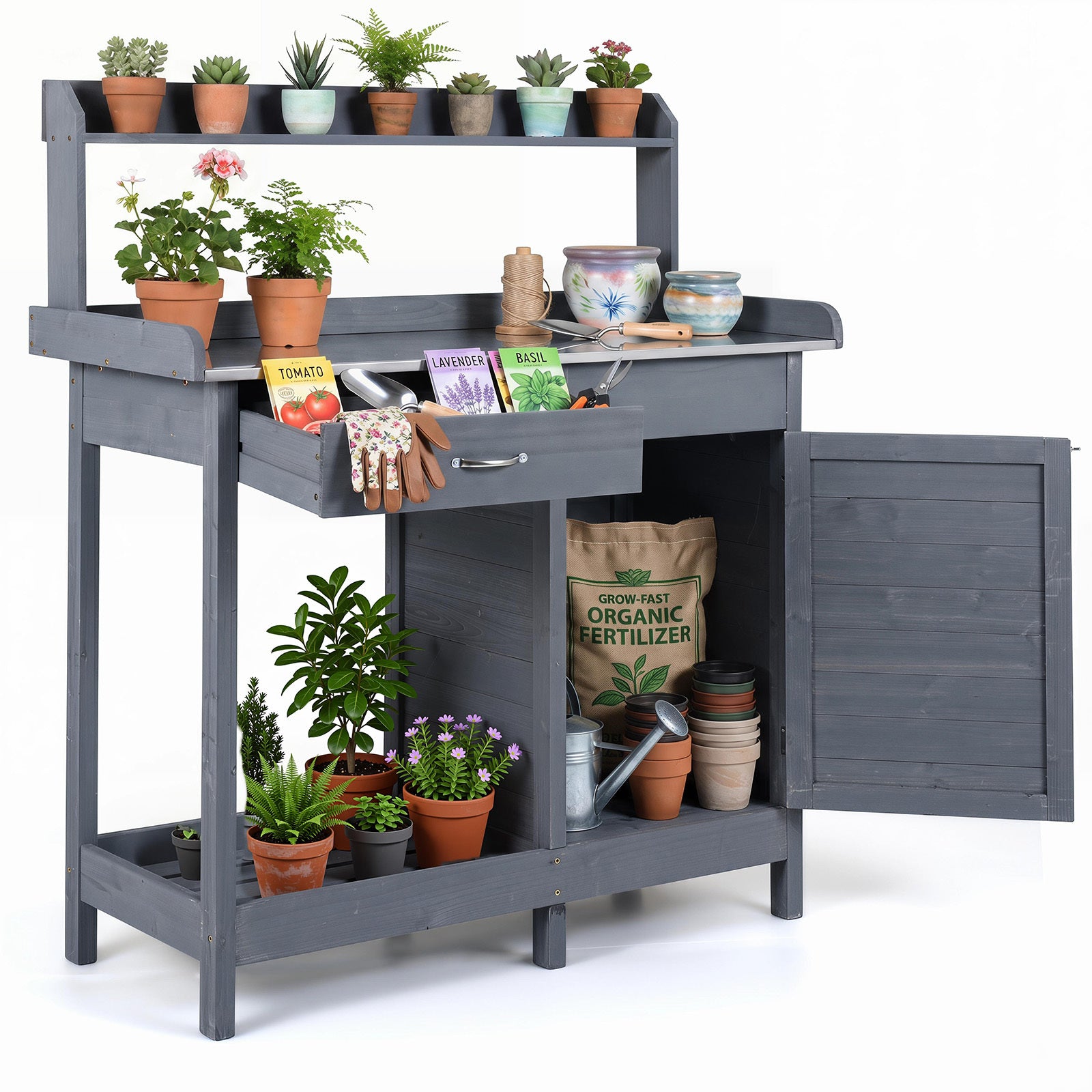 Costway Kweektafel met Roestvrijstalen Blad Tuintafel met Lade Onderkast Plank & 3 Haken 112 x 46,5 x 125 cm Grijs