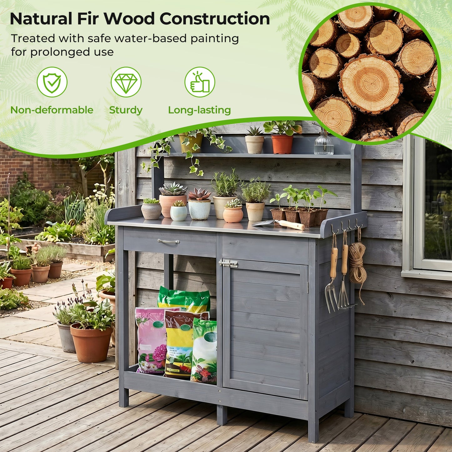 Costway Kweektafel met Roestvrijstalen Blad Tuintafel met Lade Onderkast Plank & 3 Haken 112 x 46,5 x 125 cm Grijs