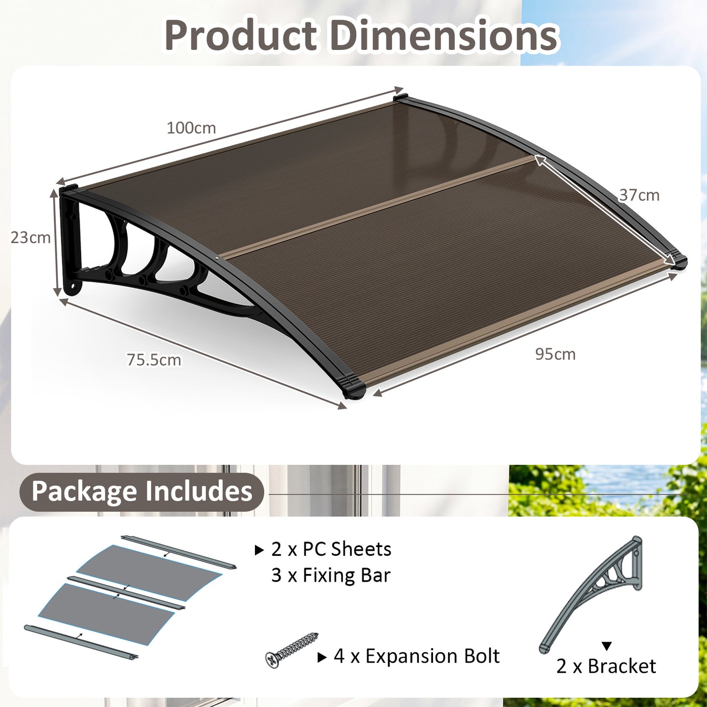 Costway Luifel voor Voordeur 100 x 76 cm Transparante Luifel met Enkelvoudige Boog van Polycarbonaat en Aluminium Bruin