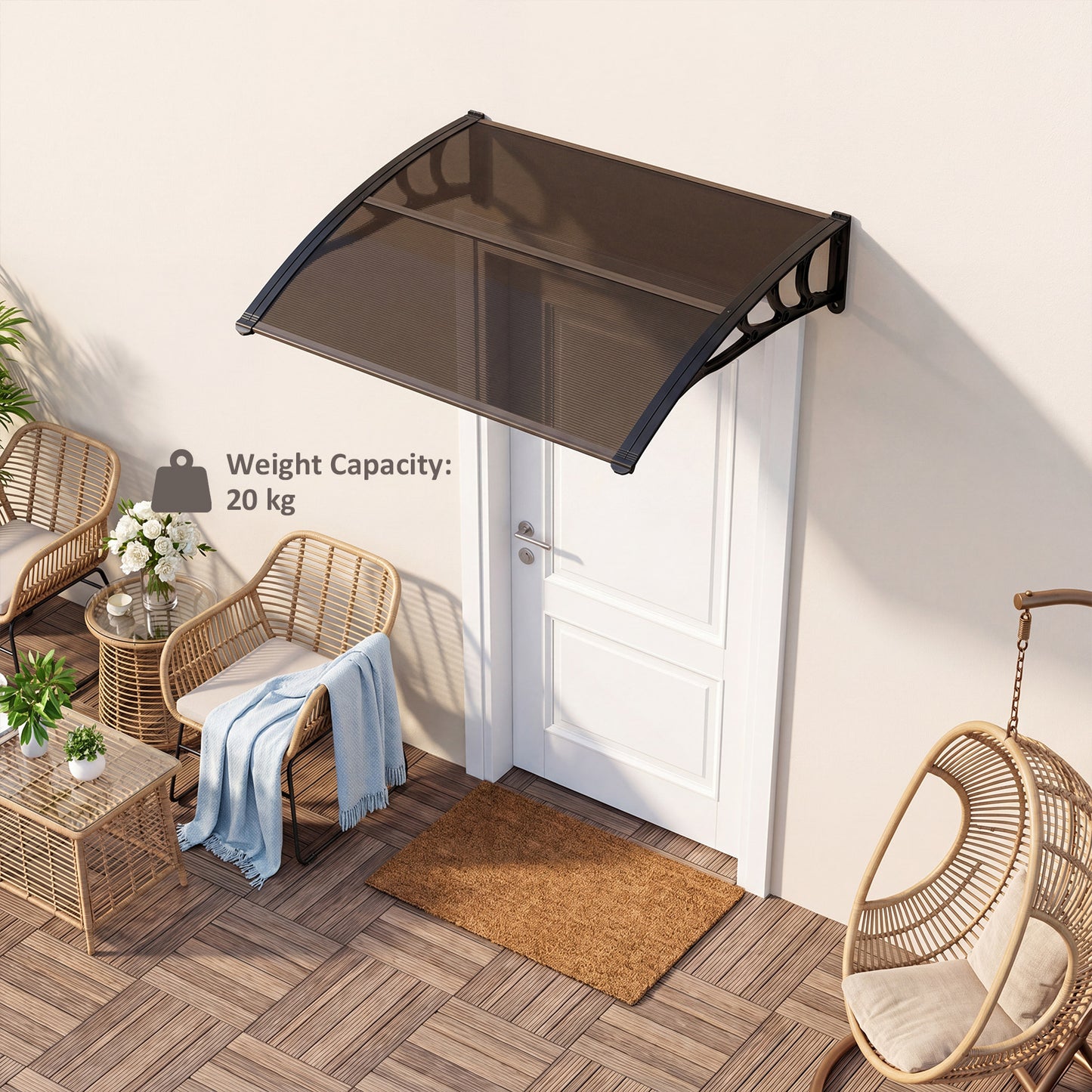 Costway Luifel voor Voordeur 100 x 76 cm Transparante Luifel met Enkelvoudige Boog van Polycarbonaat en Aluminium Bruin