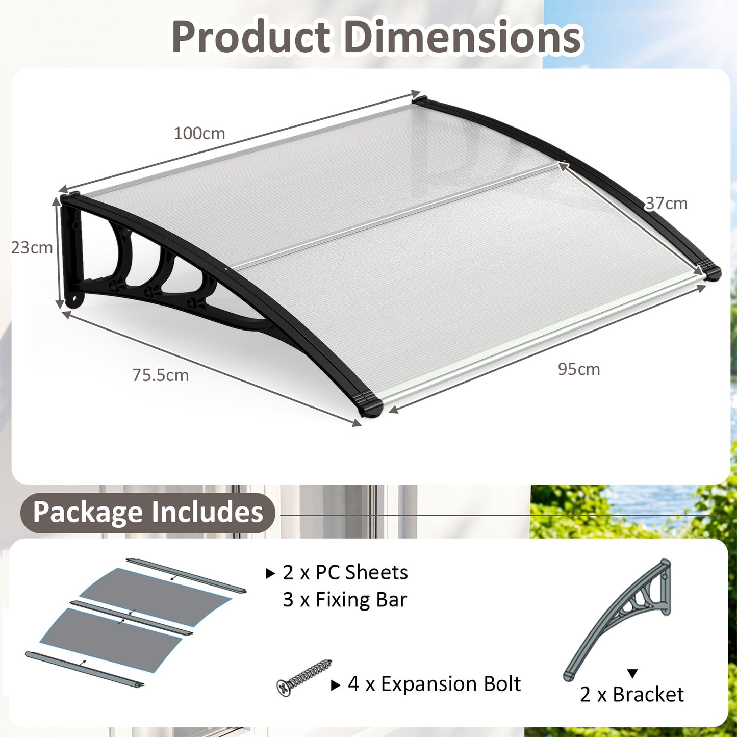 Costway Luifel voor Voordeur 100 x 76 cm Transparante Luifel met Enkelvoudige Boog van Polycarbonaat en Aluminium Transparant