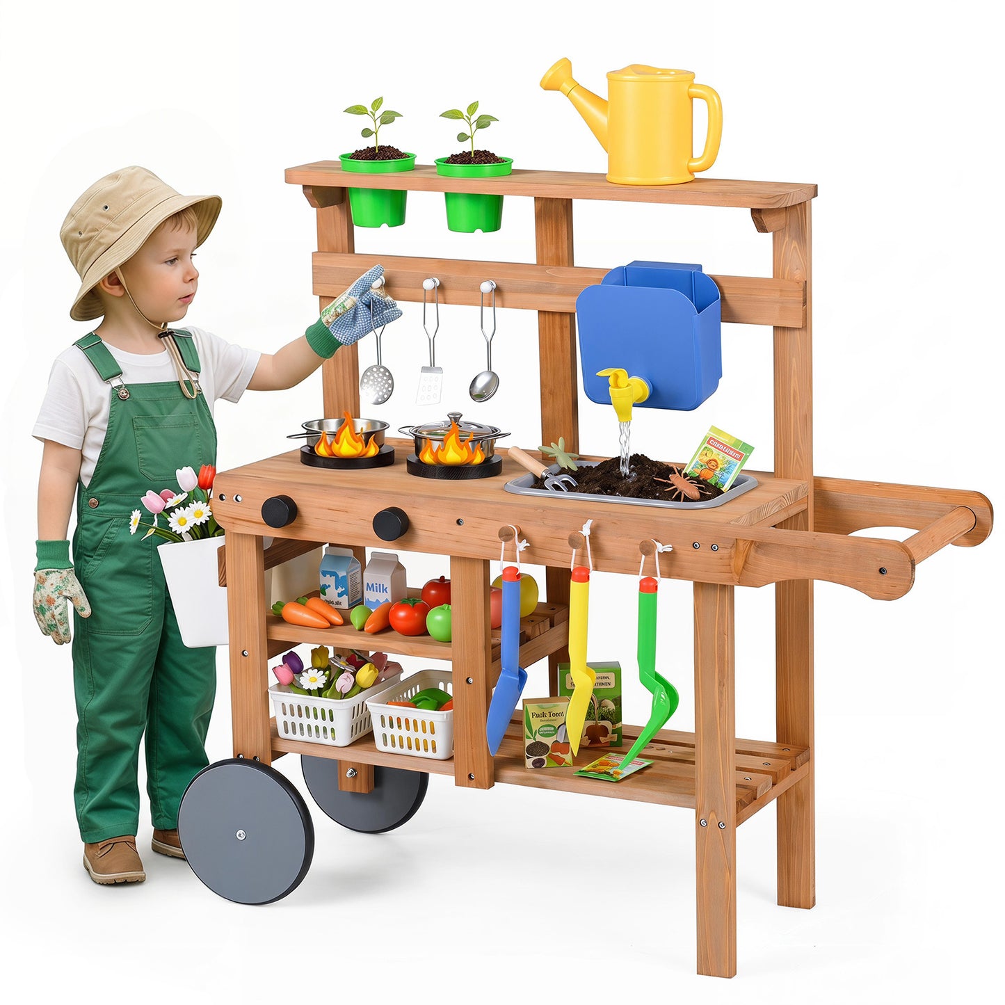 Costway Matschkeuken Kinder Buiten Speelkeuken Hout met Bloempotten 15 Accessoires Wielen Afneembare Watertank & Wasbak Kinderkeuken met Opbergvakken voor Kinderen vanaf 3 Jaar Natuur