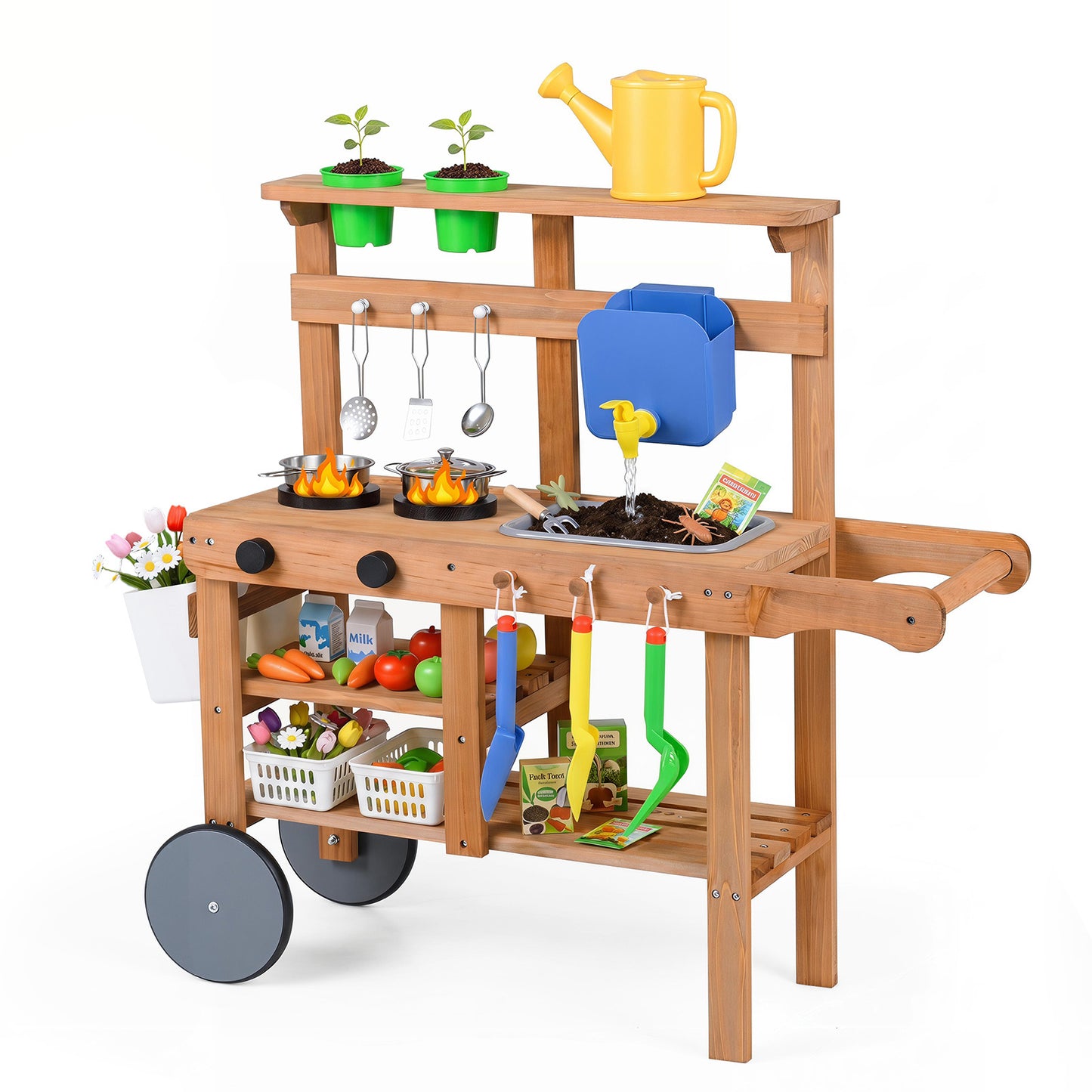 Costway Matschkeuken Kinder Buiten Speelkeuken Hout met Bloempotten 15 Accessoires Wielen Afneembare Watertank & Wasbak Kinderkeuken met Opbergvakken voor Kinderen vanaf 3 Jaar Natuur