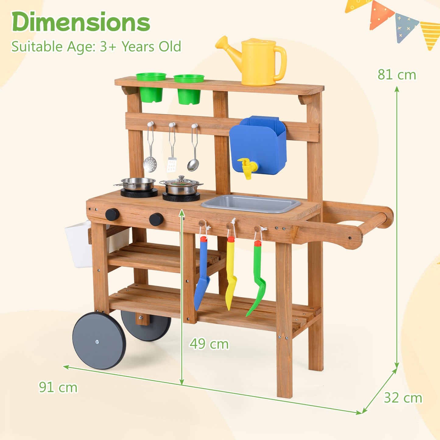 Costway Matschkeuken Kinder Buiten Speelkeuken Hout met Bloempotten 15 Accessoires Wielen Afneembare Watertank & Wasbak Kinderkeuken met Opbergvakken voor Kinderen vanaf 3 Jaar Natuur