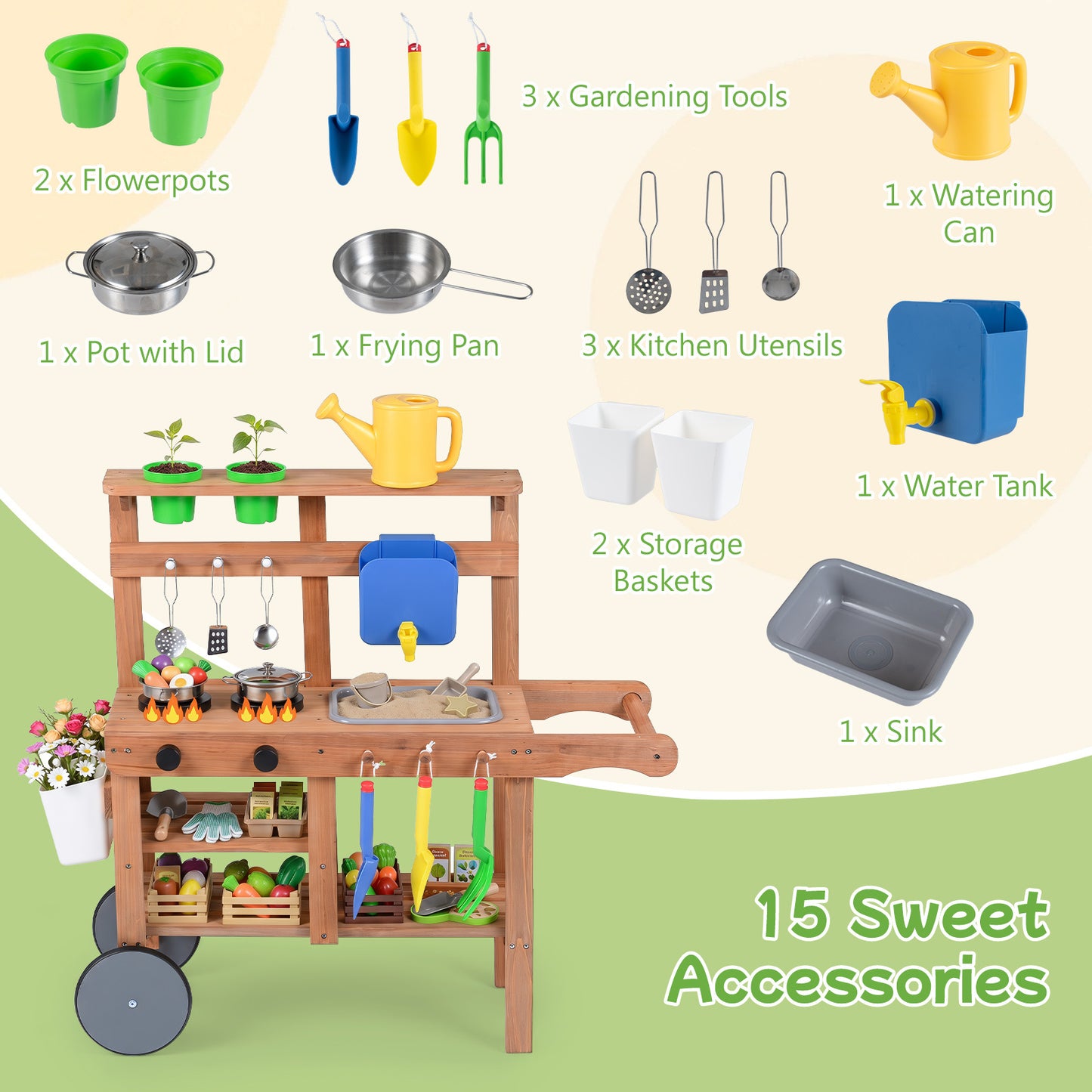 Costway Matschkeuken Kinder Buiten Speelkeuken Hout met Bloempotten 15 Accessoires Wielen Afneembare Watertank & Wasbak Kinderkeuken met Opbergvakken voor Kinderen vanaf 3 Jaar Natuur