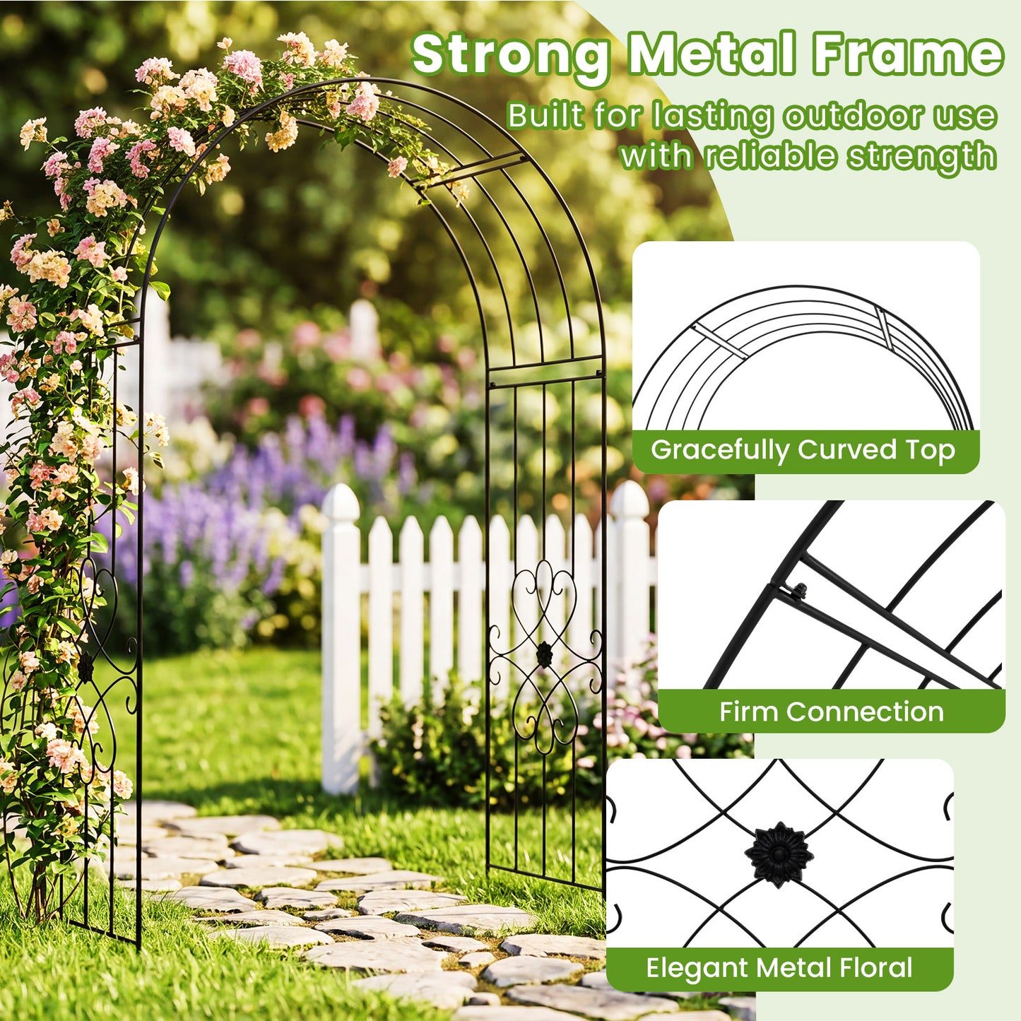 Costway Metalen Tuinboog Rozenboog met 4 Grondpennen Klimboog voor Bruiloft Feest Achtertuin 144 x 51 x 222 cm Zwart