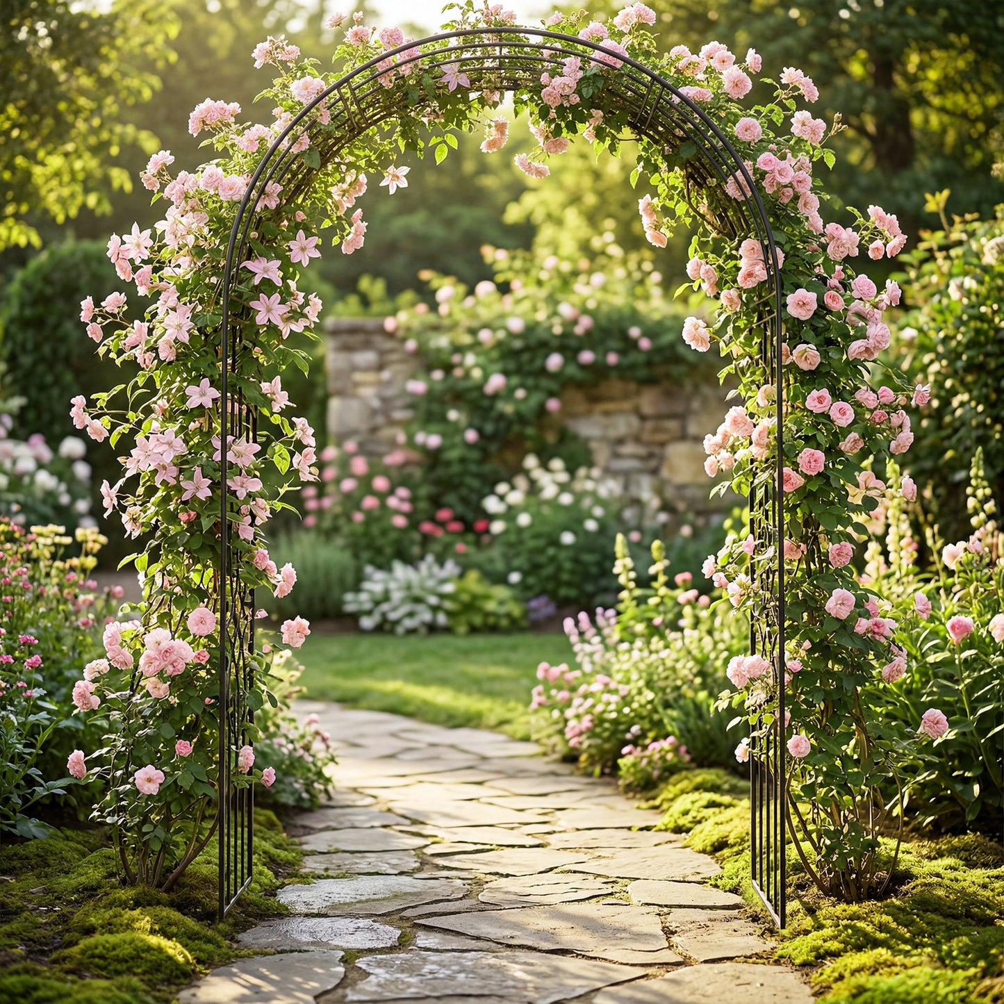 Costway Metalen Tuinboog Rozenboog met 4 Grondpennen Klimboog voor Bruiloft Feest Achtertuin 144 x 51 x 222 cm Zwart
