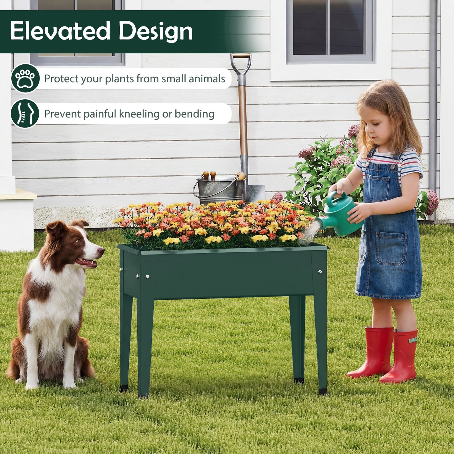 Costway Metalen Verhoogde Plantenbak tot 20 kg 60 x 27 x 45 cm Plantenbak met Afwateringsgaten Groen
