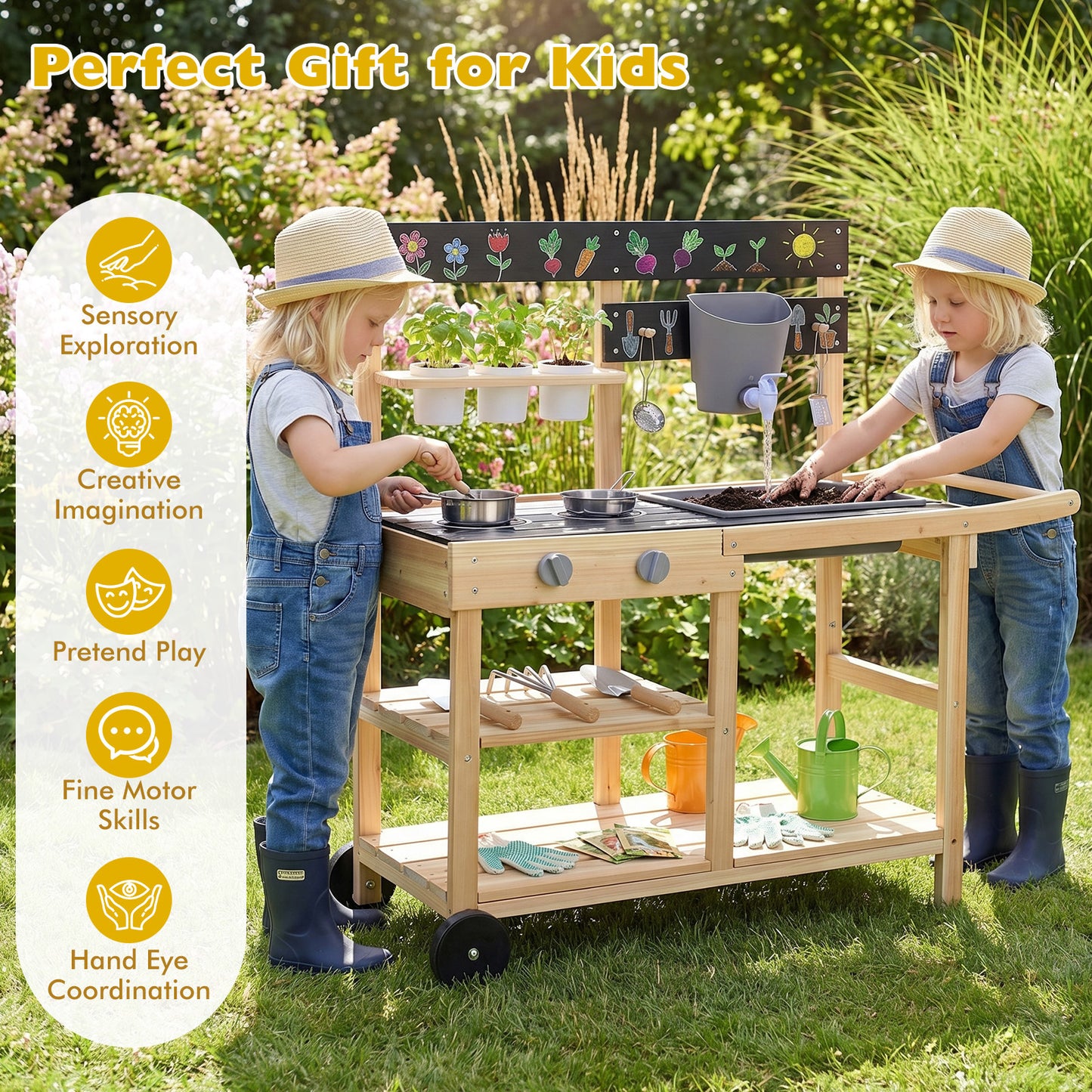 Costway Modderkeuken Kinderen Buiten Kinderkeuken Hout Speelgoedkeuken voor Kinderen voor Buiten Natuur