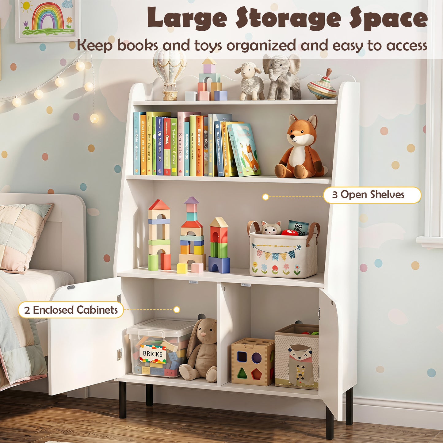 Costway Montessori Kinderrek met 3 Open Vakken en 2 Deuren 80x30x121 cm
