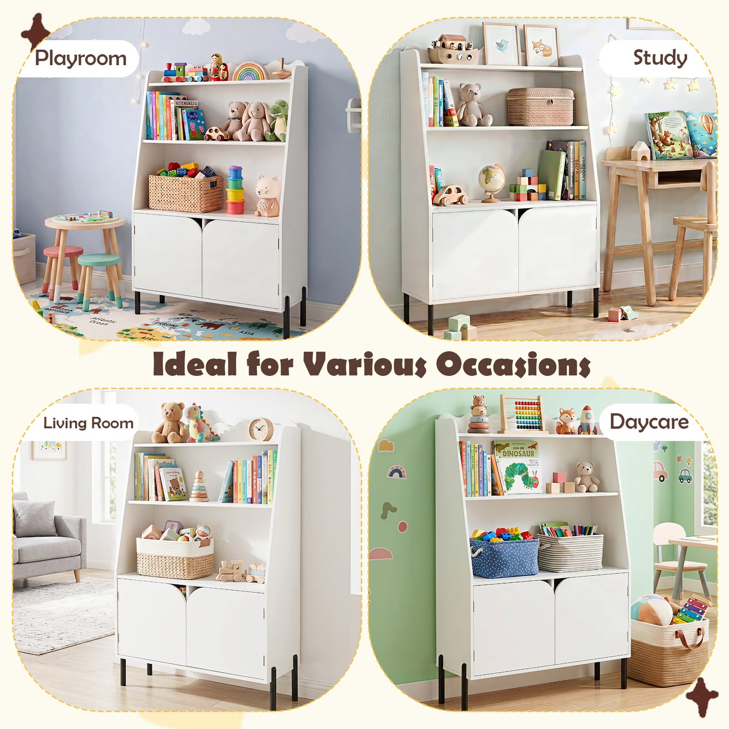 Costway Montessori Kinderrek met 3 Open Vakken en 2 Deuren 80x30x121 cm
