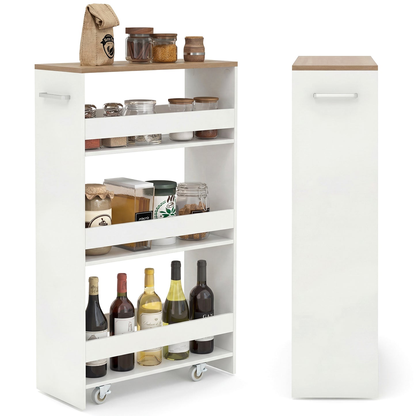 Costway Nissenwagen 20 cm Breed 4 Verdiepingen Keukenwagen Smal Nissenrek op Wielen 47,5 x 20 x 80,5 cm Wit+Naturel