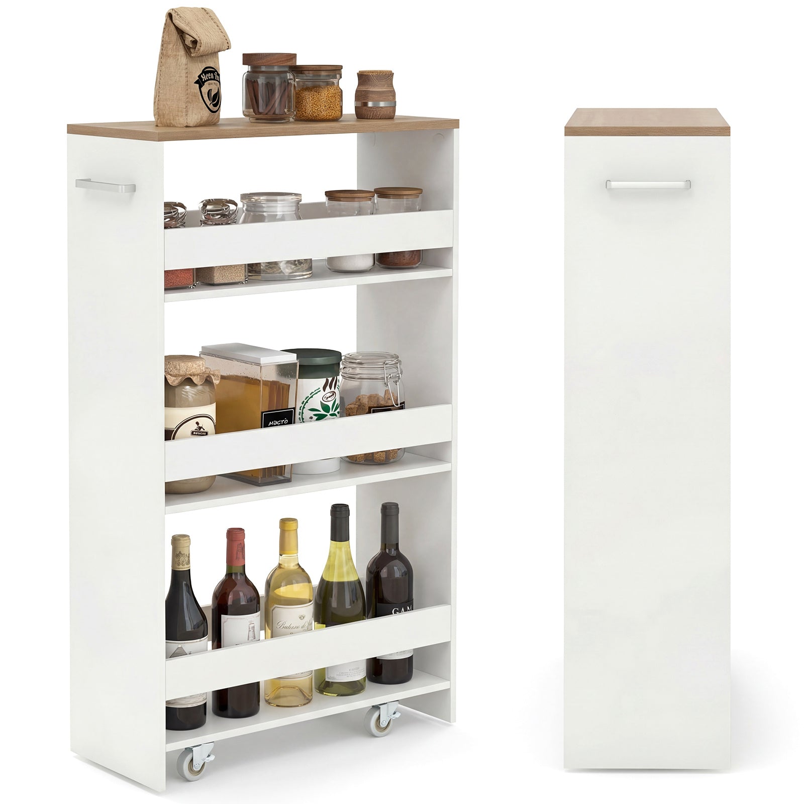 Costway Nissenwagen 20 cm Breed 4 Verdiepingen Keukenwagen Smal Nissenrek op Wielen 47,5 x 20 x 80,5 cm Wit+Naturel