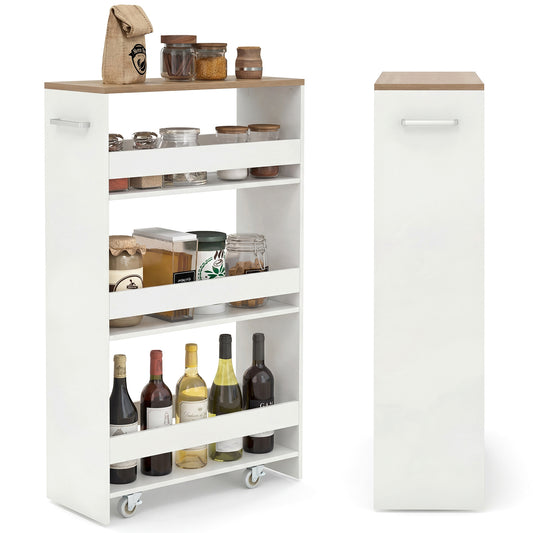 Costway Nissenwagen 20 cm Breed 4 Verdiepingen Keukenwagen Smal Nissenrek op Wielen 47,5 x 20 x 80,5 cm Wit+Naturel