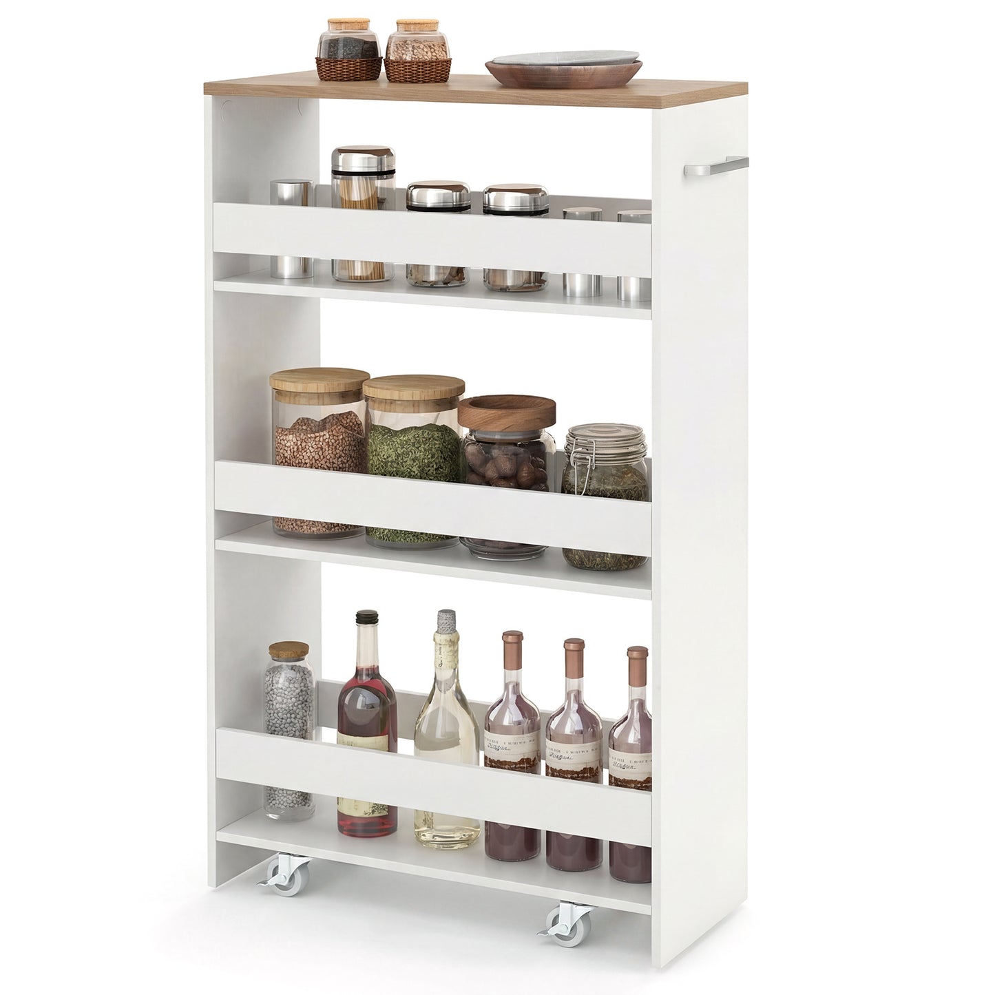 Costway Nissenwagen 20 cm Breed 4 Verdiepingen Keukenwagen Smal Nissenrek op Wielen 47,5 x 20 x 80,5 cm Wit+Naturel