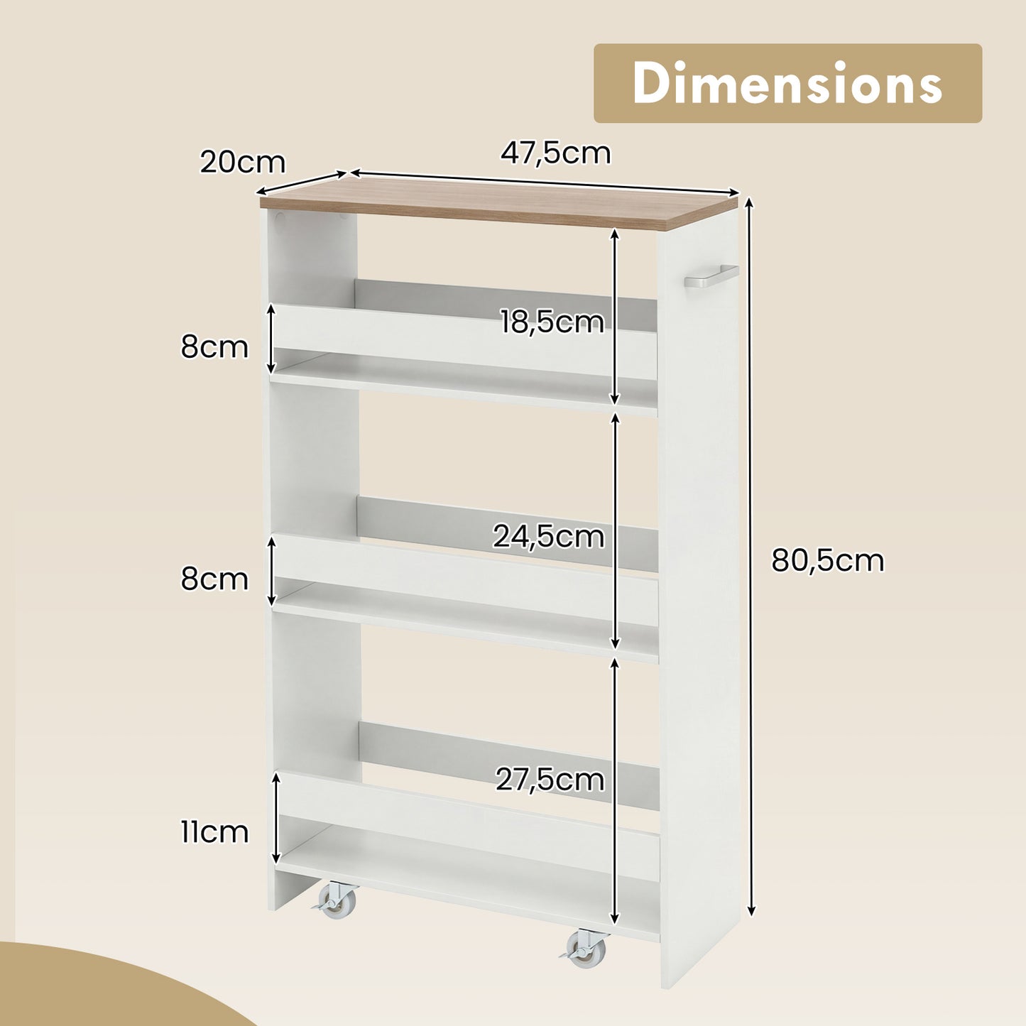 Costway Nissenwagen 20 cm Breed 4 Verdiepingen Keukenwagen Smal Nissenrek op Wielen 47,5 x 20 x 80,5 cm Wit+Naturel