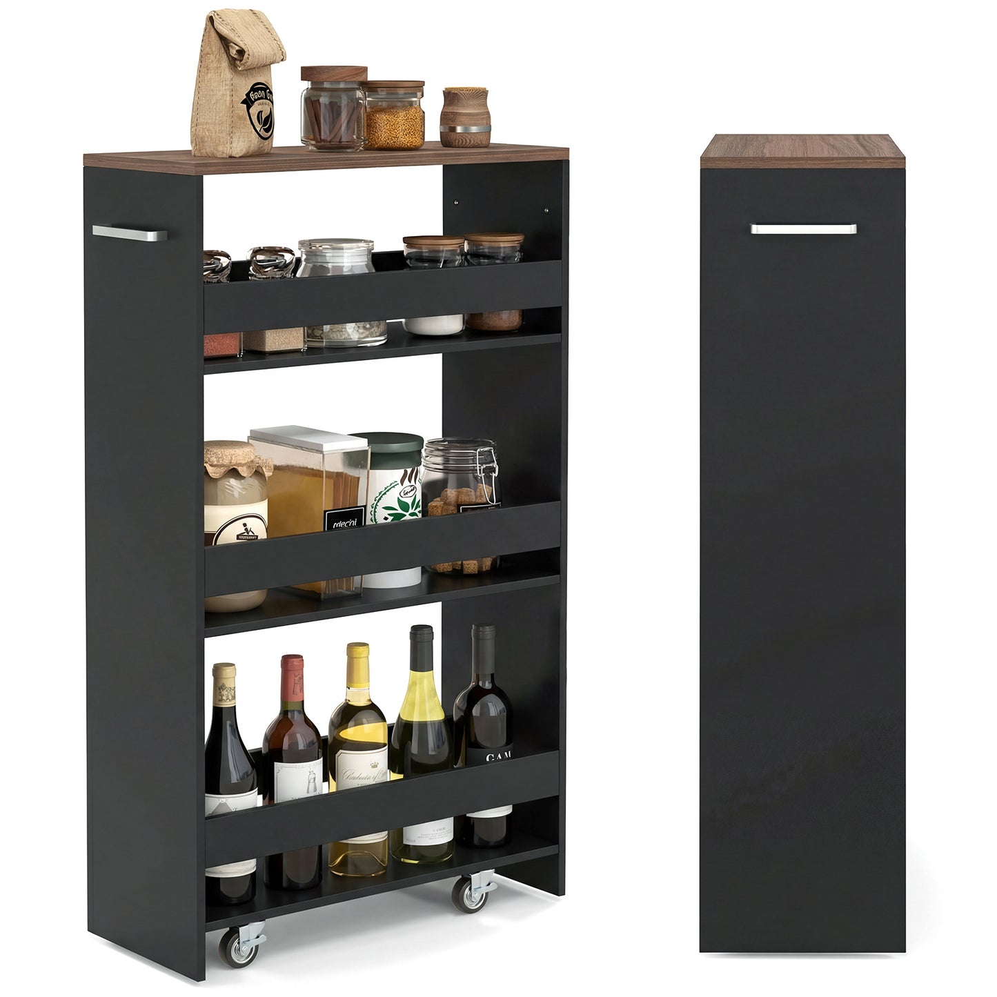 Costway Nissenwagen 20 cm Breed 4 Verdiepingen Keukenwagen Smal Nissenrek op Wielen 47,5 x 20 x 80,5 cm Zwart+Bruin