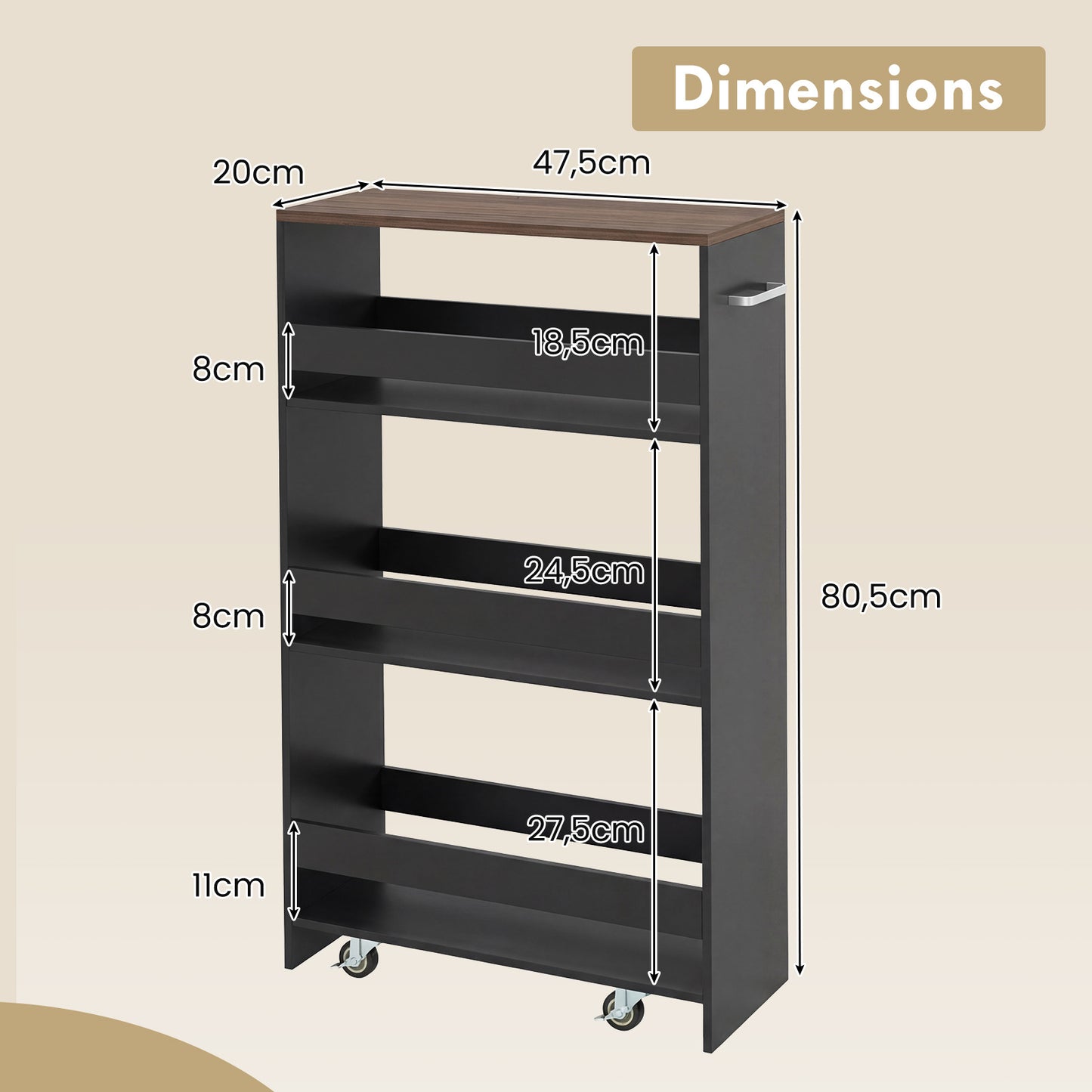Costway Nissenwagen 20 cm Breed 4 Verdiepingen Keukenwagen Smal Nissenrek op Wielen 47,5 x 20 x 80,5 cm Zwart+Bruin