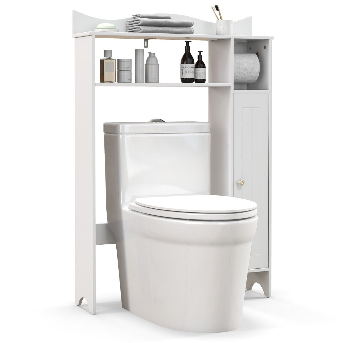 Costway Opbergkast Boven Toilet met Toiletrolhouder Verstelbare Planken Toiletkast Bovenbouwkast Toiletrek Badkamerrek Hout Wit