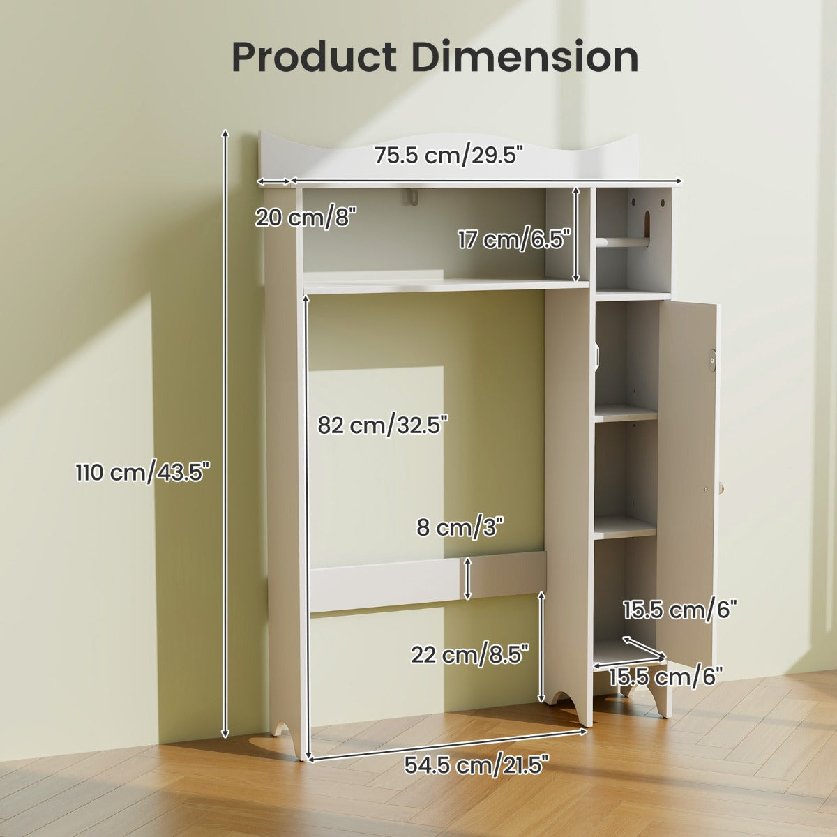 Costway Opbergkast Boven Toilet met Toiletrolhouder Verstelbare Planken Toiletkast Bovenbouwkast Toiletrek Badkamerrek Hout Wit
