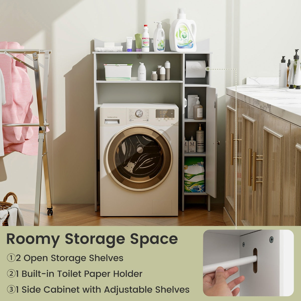 Costway Opbergkast Boven Toilet met Toiletrolhouder Verstelbare Planken Toiletkast Bovenbouwkast Toiletrek Badkamerrek Hout Wit