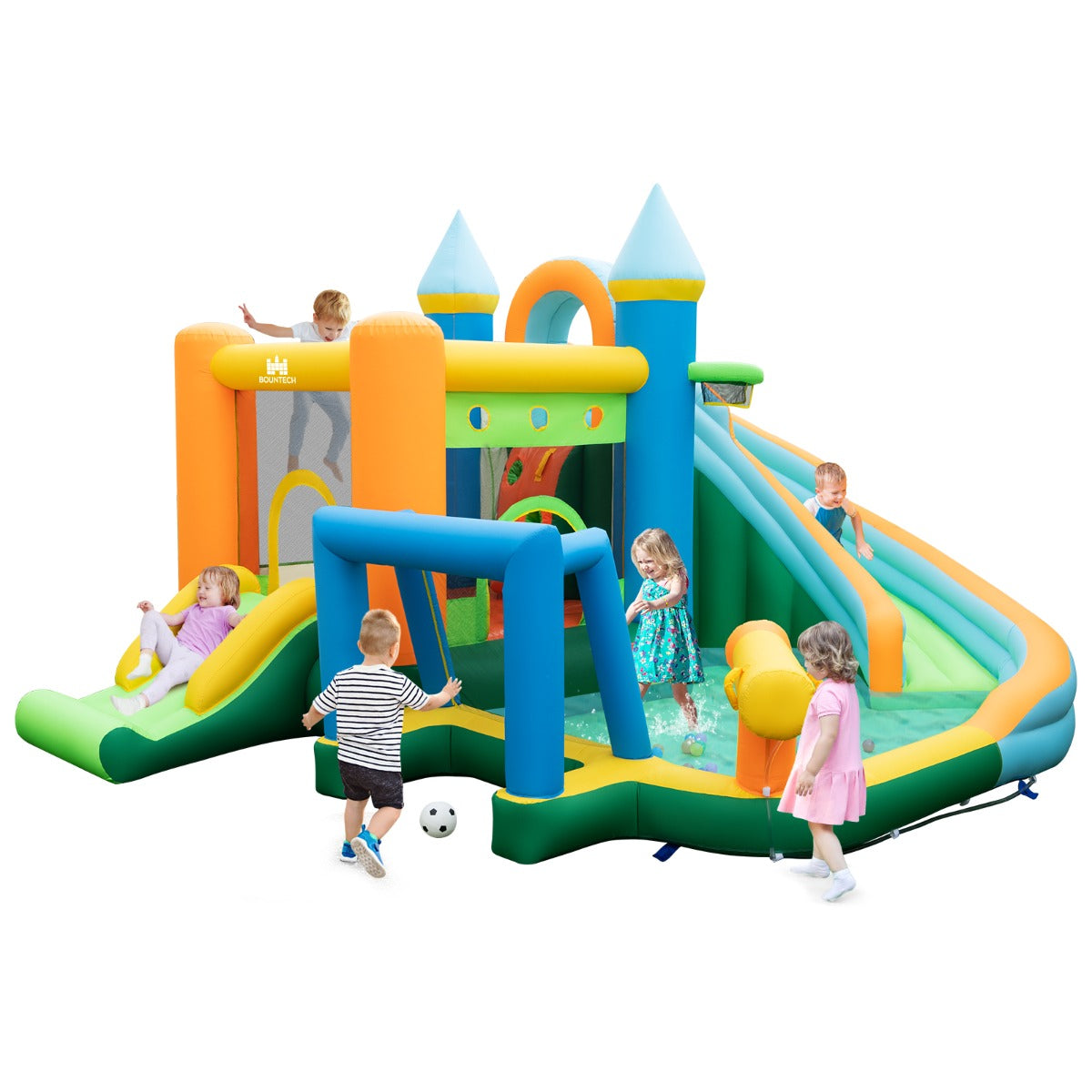 Costway Opblaasbaar Springkasteel Waterpark met 2 Glijbanen Kinderbadje Klimwand Waterwerper 50 Speelballen en Kleurrijke Ringen 463 x 395 x 251 cm