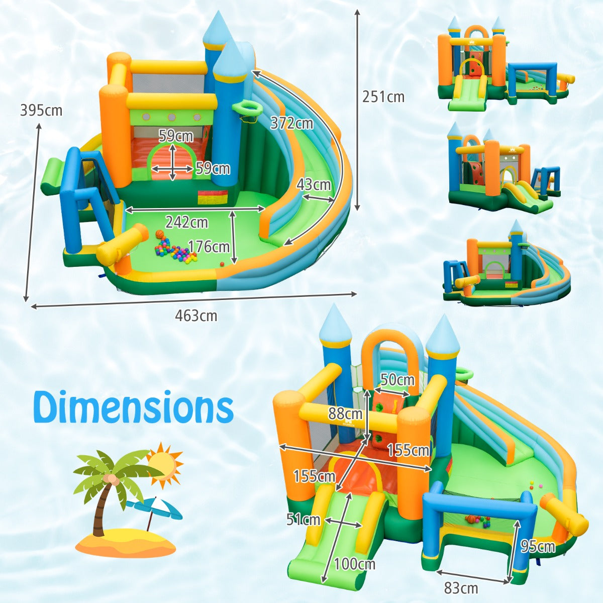Costway Opblaasbaar Springkasteel Waterpark met 2 Glijbanen Kinderbadje Klimwand Waterwerper 50 Speelballen en Kleurrijke Ringen 463 x 395 x 251 cm