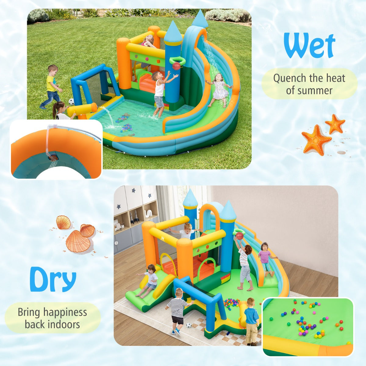 Costway Opblaasbaar Springkasteel Waterpark met 2 Glijbanen Kinderbadje Klimwand Waterwerper 50 Speelballen en Kleurrijke Ringen 463 x 395 x 251 cm