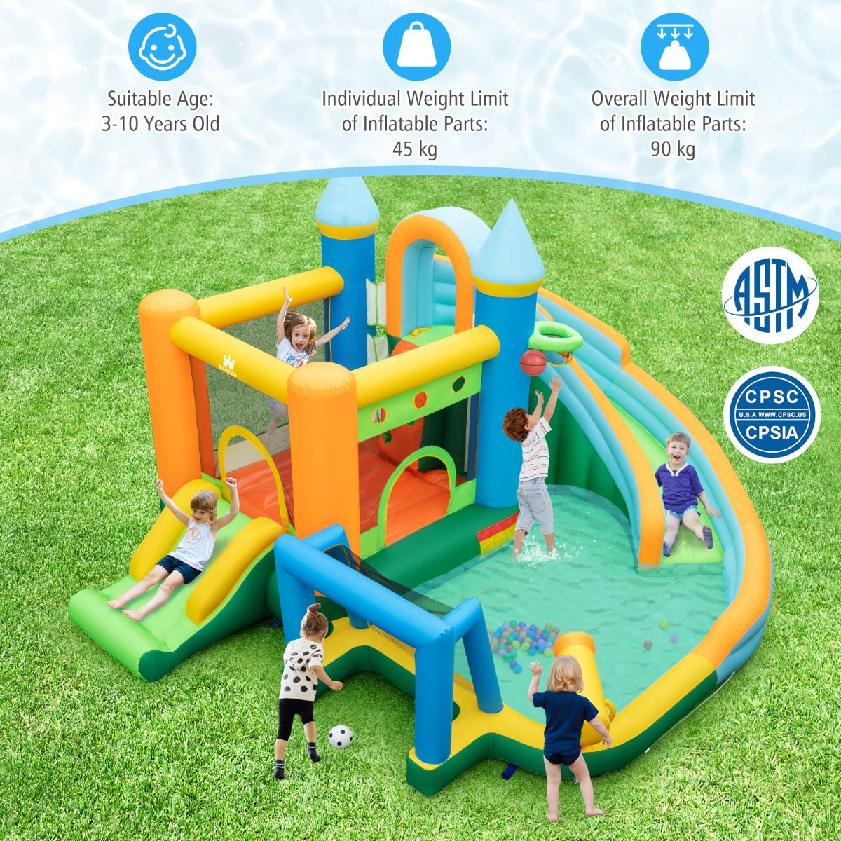 Costway Opblaasbaar Springkasteel Waterpark met 2 Glijbanen Kinderbadje Klimwand Waterwerper 50 Speelballen en Kleurrijke Ringen 463 x 395 x 251 cm