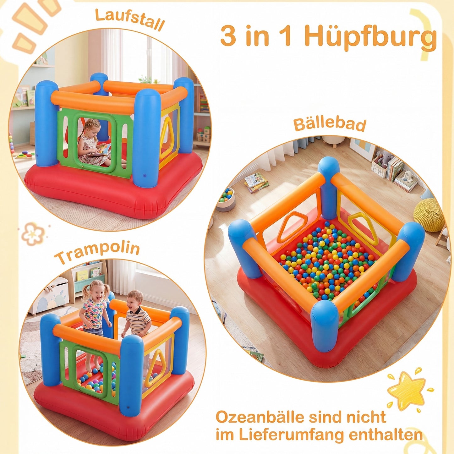 Costway Opblaasbaar Springkussen 3-in-1 Speelkasteel Trampoline met 4 Deuren en Veiligheidsnet Opblaasbare Speeltuin voor Binnen en Buiten